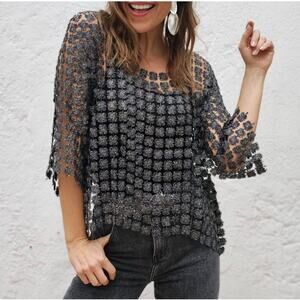 Metallic Embroidered Lurex Mesh Blouse Top Overlay Sheer Square Neck ONE SIZE